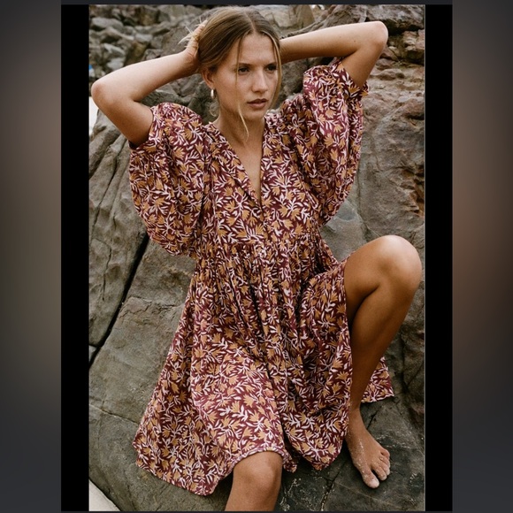 Daughters of India Kyra Balloon Sleeve Gauze Mini Dress Size Medium - Picture 2 of 7